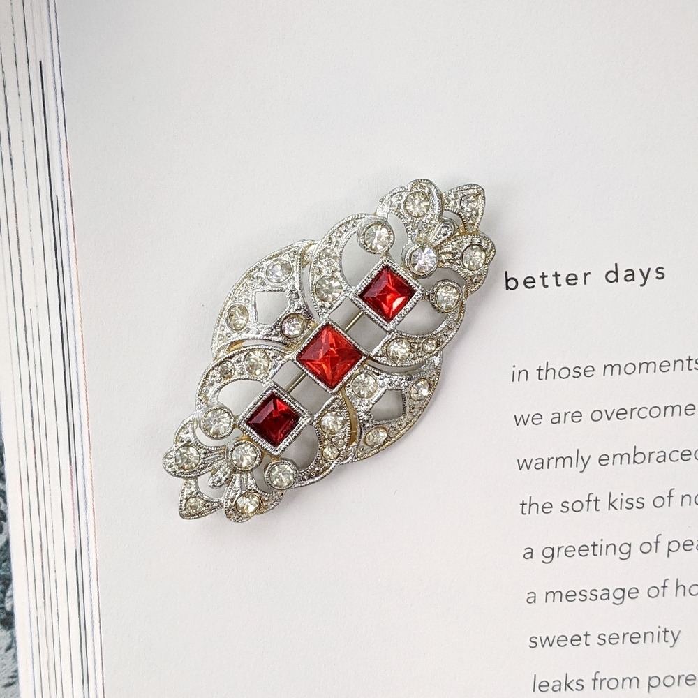 silver & red rhinestone costume statement brooch